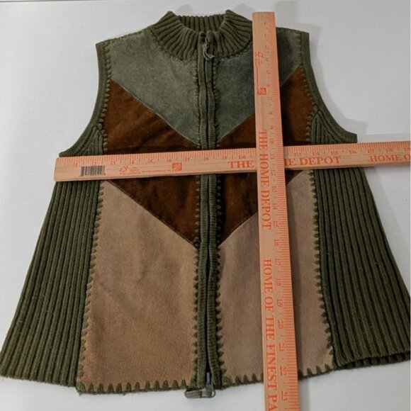 Leather Patchwork Vest Womens Size Medium Green Ribbed Knit Full Zip Boho - Picture 6 of 8